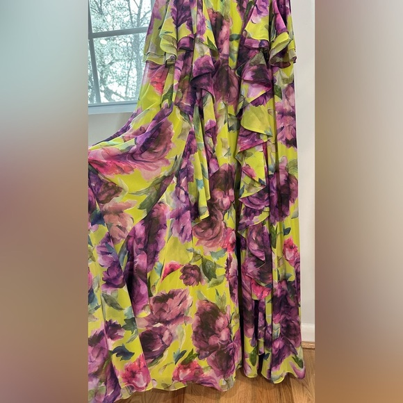 NWT Badgley Mischka Floral Ruffle V Neck Gown Purple Yellow Green 8 - Picture 10 of 16